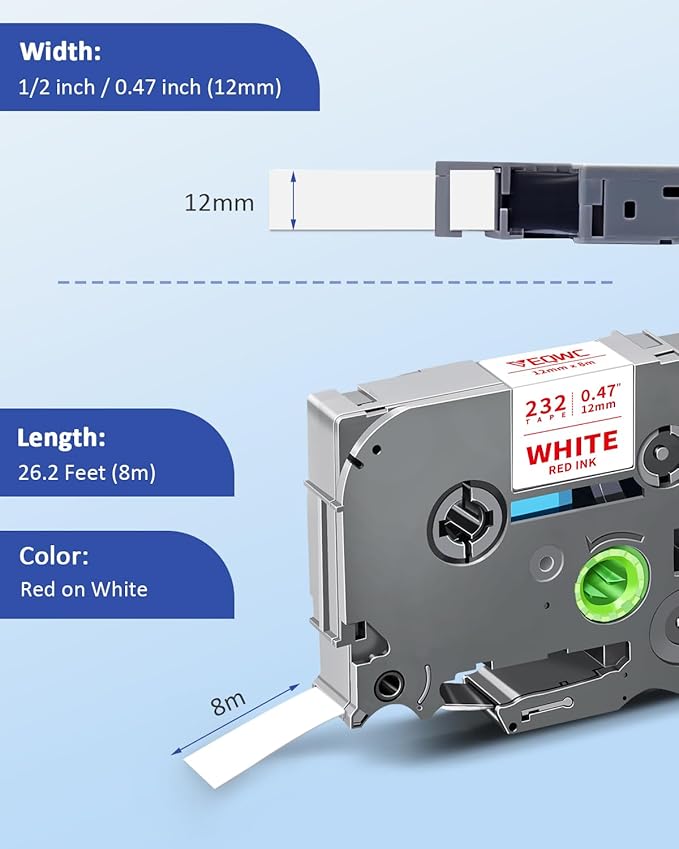Tze 12mm Tz-232 Red on White Label Maker Tape Compatible for Brother Tze-232 Laminated for Indoor or Outdoor Use Work for for Ptouch Ptouch PTD200 PTD202 PTD210 PTD600 PTD400 PTH100 PTH110 PT1280