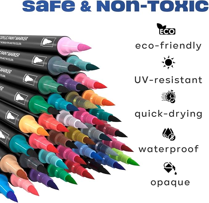 Acrylic paint pens create art – Dual Brush Tip Acrylic Markers Set, Waterproof Quick-Drying Ink for Rock Painting, Glass, Wood, Fabric (36)