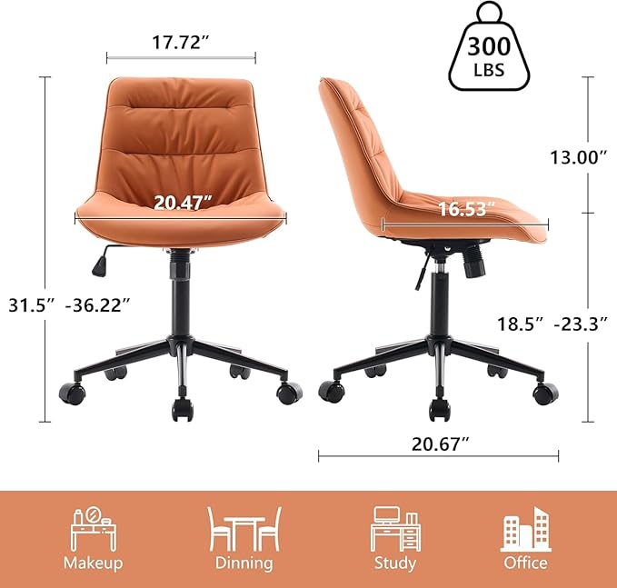 Kidol & Shellder Faux Leather Office Chair, Adjustable Swivel Height Task Chair, Rolling Wheels & Soft Backrest - Armless Ergonomic Desk Chair for Home, Office,Vanity,Gaming（Orange）
