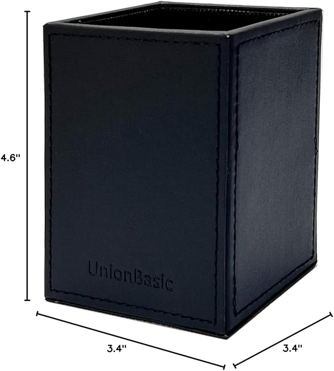 UnionBasic Square Pen Holder, Leather Pencil Cup, Desktop Caddy Stationery Organizer, Black
