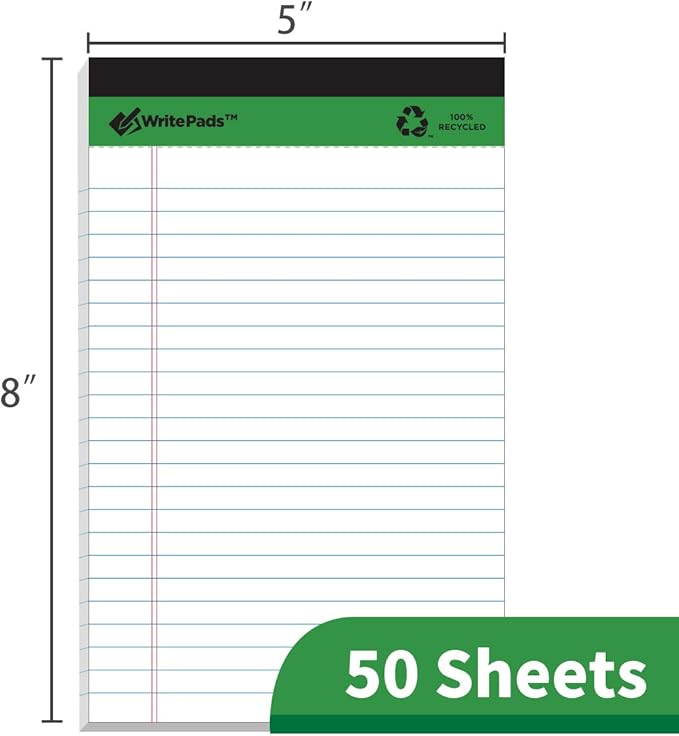 KAISA Legal Pad Writing Pads, 5"x8" College Ruled, 56GSM Paper Notepads, 12pads (White 48pad, 5x8inch)