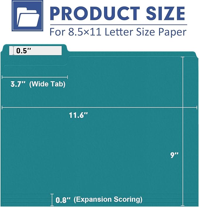 File Folder, PANDRI 120 Pack File Folder, 1/3 Cut Tab, Letter Size, Filing Folder for Office School Business, Turquoise