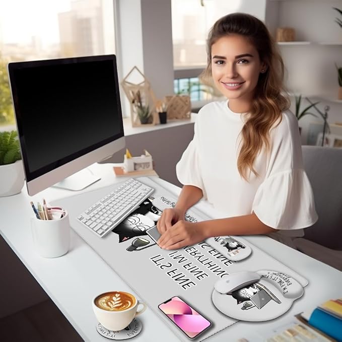 Cat Ergonomic Mouse Pad with Wrist Rest Desk Mat Sets Accessories, Cute Mouse Pads for Desk, Gaming Mouse Pad Wrist Support, Keyboard Mat Wrist Rest Cup Coaster Funny Office Desk Accessories