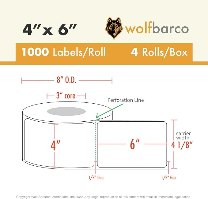 Direct Thermal Paper Label/IndustrialGrade 4" x 6", with Perforation, 3" Core, 8" OD,1000 Pcs/Roll (4Roll/Box) - Purple