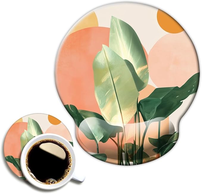 Ergonomic Mouse Pad with Wrist Support,Mouse Pad with Wrist Rest and Coaster Set,Office Supplies Non-Slip Mouse Pads for Desk, Non-Slip Comfortable,Tropical Plants