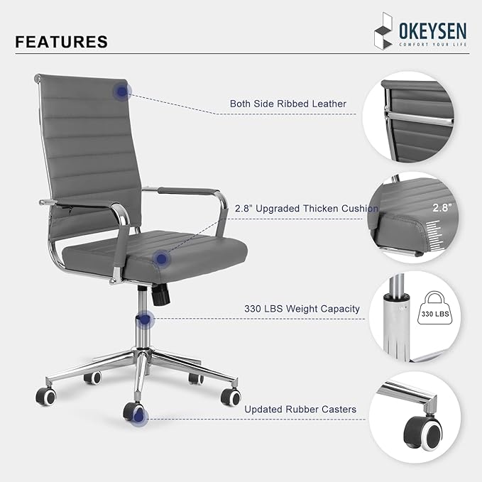Okeysen Ergonomic Office Desk Chair, Modern PU Leather Conference Room Chairs Ribbed, High Back Executive Swivel Rolling Chair for Home, Office