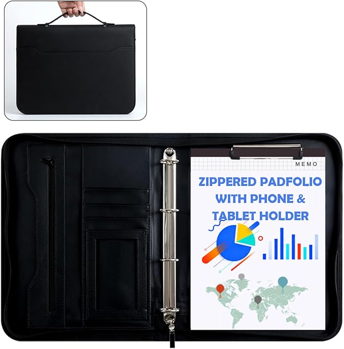 3-Ring Portfolio Binder, Zipper Folder with Writing Pad,PU Leather with Pockets,Professional Organizer with Laptop Sleeve and Folder (Black)
