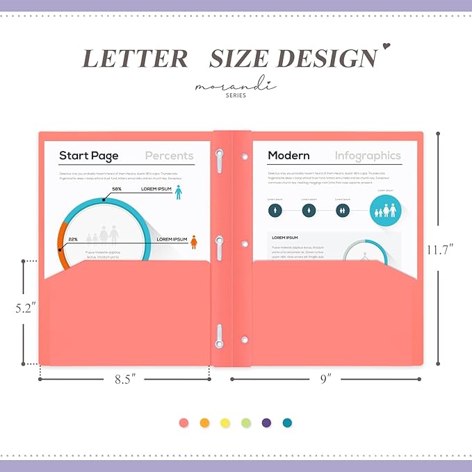 H4D Plastic 2 Pocket Folders with Prongs, Letter Size, Primary Colors, 6 Pack