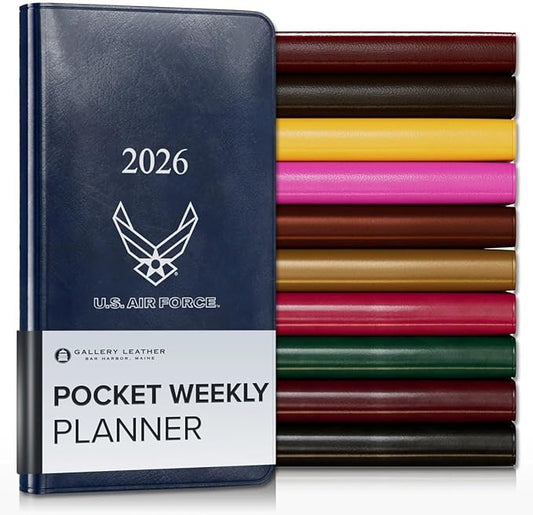 Gallery Leather Pocket Weekly Monthly Planner 2025-2026, Elegantly Bound Calendar Planner and Notebook with Stylish Gold-Gilded Page Edges, 12 Months - Acadia Navy - US Air Force - 6 x 3.25 "