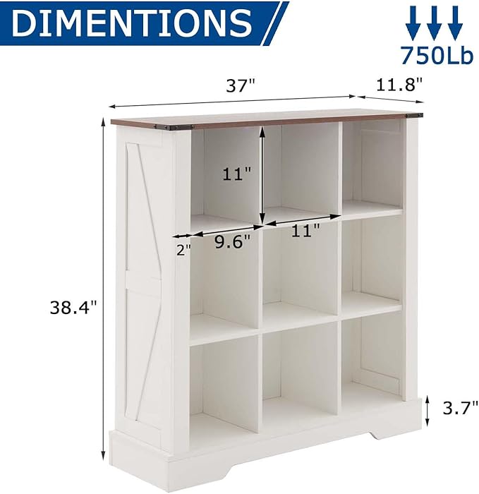 9 Cube Storage Organizer, 3 Tier Bookshelf for Living Room, Farmhouse Bookcase with Led, Kids Toy Storage Cabinet, Wall Cubby Shelves for Home Decor, Wood Display Cabinet for Bedroom, White