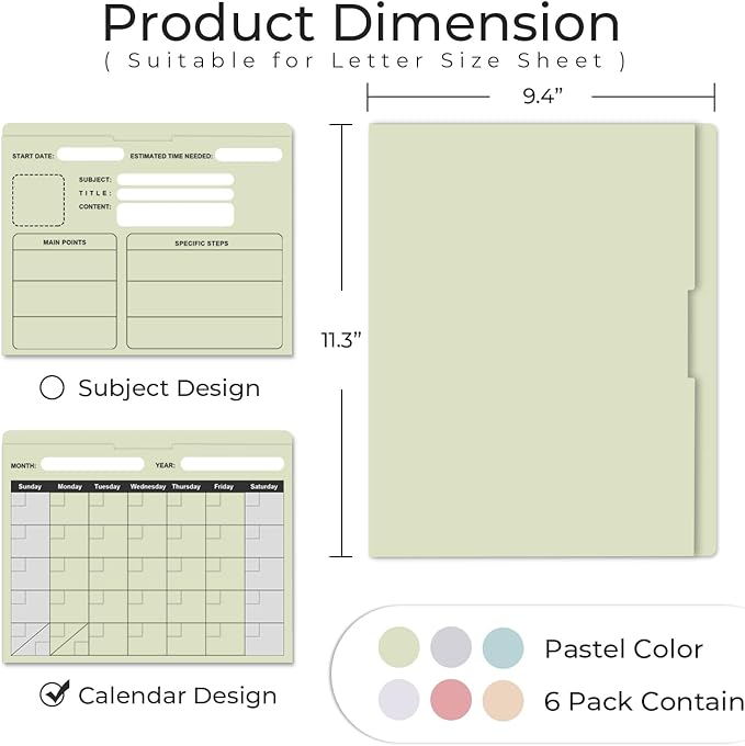 Y YOMA 6 Pack File Folder Jackets Letter Size Paper Pocket File Folder with Reinforced Straight-Cut Tab Pre-Printed Job Folders No Expansion Organizer for Office, Soft Colors, Calendar Design