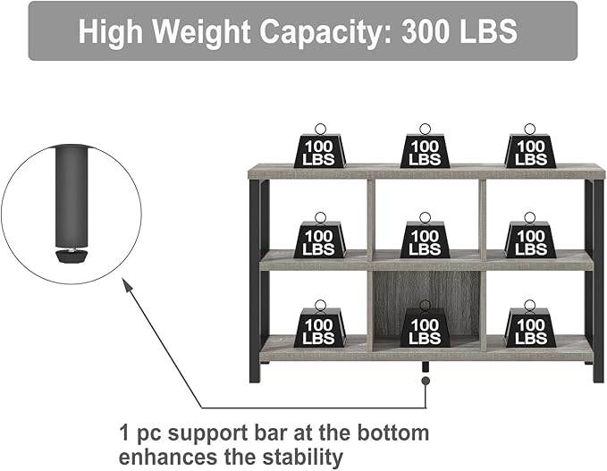 FOLUBAN 6 Cube Storage Organizer with Shelf, Industrial Horizontal Low Cubby Bookcase, Wood and Metal Bookshelf for Living Room Bedroom (Light Grey, 47 Inch)
