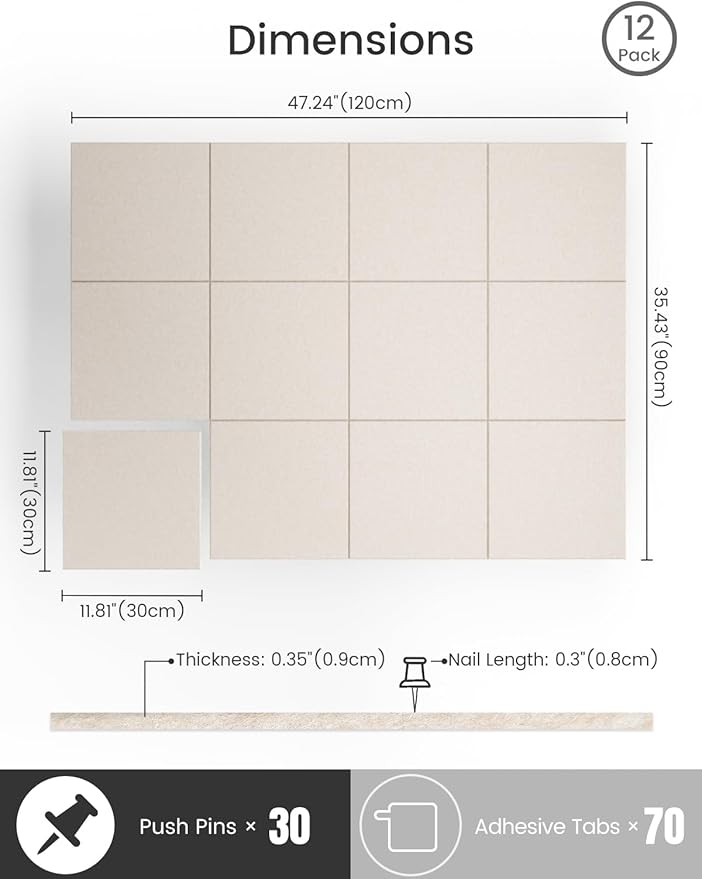 Bumusty Large Cork Board 47"x35" Alternative - 12 Pack Felt Wall Tiles with 70 Safe Removable Adhesive Tabs, 30 Pushpins, Cork Boards for Walls Pin Board Bulletin Board Office Decor (Oatmeal)
