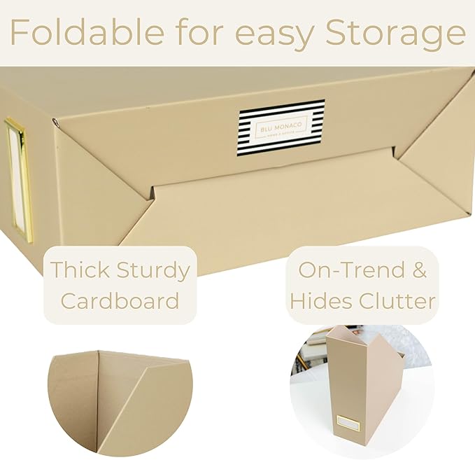 BLU MONACO Set of 6 Foldable Magazine File Holders in Taupe – Sturdy Cardboard Vertical Organizers with Label Holders – Office File Storage Box, Desk Organizer, Paperwork and Document Holder