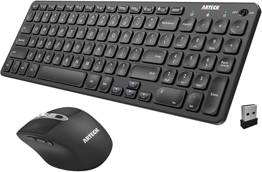 Arteck 2.4G USB Wireless Keyboard and Mouse Combo Ultra Slim Compact Keyboard and Ergonomic Mouse for Computer Desktop PC Laptop and Windows 11/10/8/7 Build in USB-C Rechargeable Battery