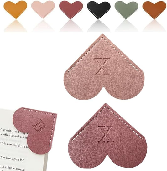Personalized Leather Heart Bookmark, 26 Letters Customized Corner Book Mark for Reading Women, Book Marker with Initials，Cute Gifts (Light Pink+Deep Pink, X)