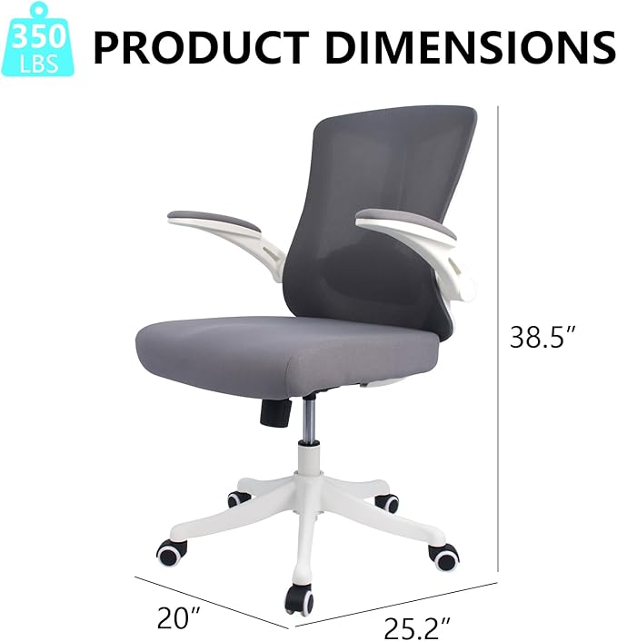Ergonomic Comfort Home Desk Office Chair, Mid Back Computer Gaming Chair with Wheels, Adjustable Height, Lumbar Support, Flip-up Armrest with 350LBS Capacity (White Grey)