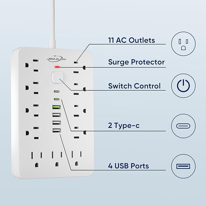 2 Pack 6 FT Flat Plug Surge Protector Power Strip,11 Multiple AC Outlets with 6 USB Ports (2 USB C), 6 Feet Extension Cord, 1250W/10A, One Touch Switch Button, 17 in 1 Compact powerstrip
