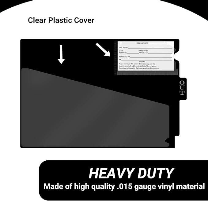 Doctor Stuff - Center Tab Vinyl Outguides, Diagonal Cut Front Pocket, Top Charge Out Slip Pocket, Plastic File Folder, Letter Size 9" x 13-1/4", Black, 50/Box