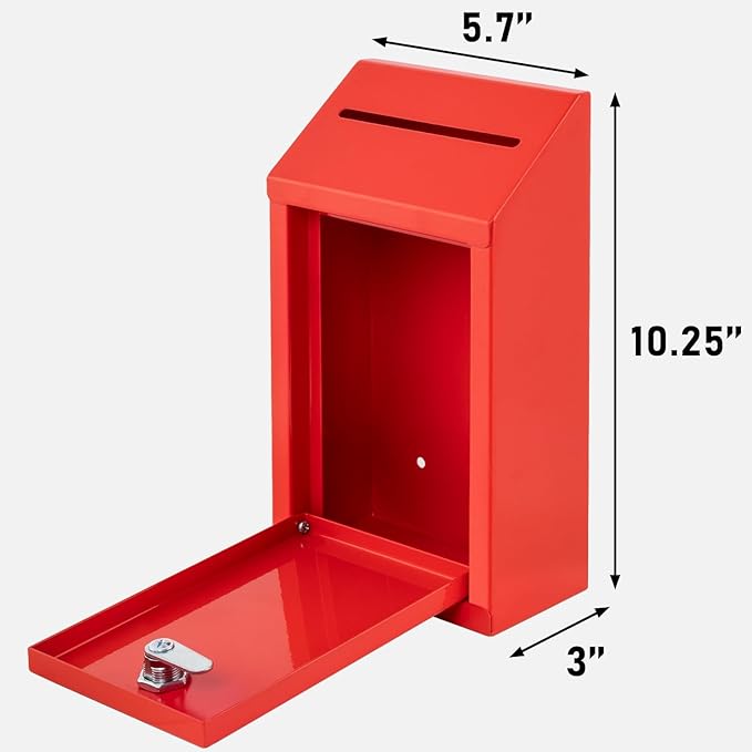 Metal Donation Box with Lock, Wall Mounted, Suggestion Box with 4 Iron Keys, Red, Cash Drop Box with Slot, 1-Pack