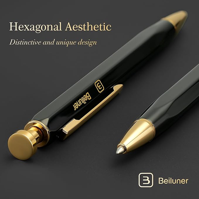BEILUNER 312 Metal Gel Pen 0.5mm, Hexagonal Design, Black Piano Lacquer with 24K Gold Plated Accents, Includes One Refill, Professional Gel Pen Gift Box Set