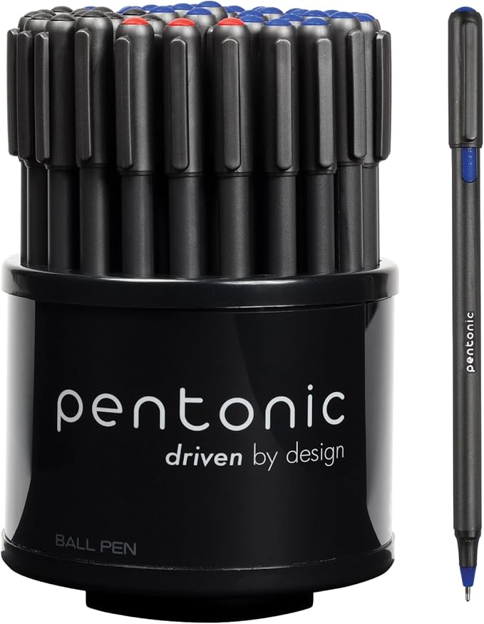 Pentonic Ballpoint Pens In Pen Organizer, Bulk 50 Count, Assorted Colored Ink (Red, Black, Blue), 1.0 mm Medium Point, Smooth Writing (PEN12086)