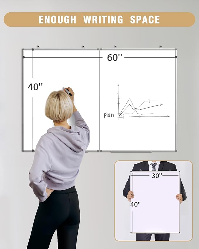 60"X 40" Large Magnetic Dry Erase Whiteboard, Wall Hanging Board with 8 Pens & 4 Dry Erasers & 30 Magnets, Sliver Aluminum Frame White