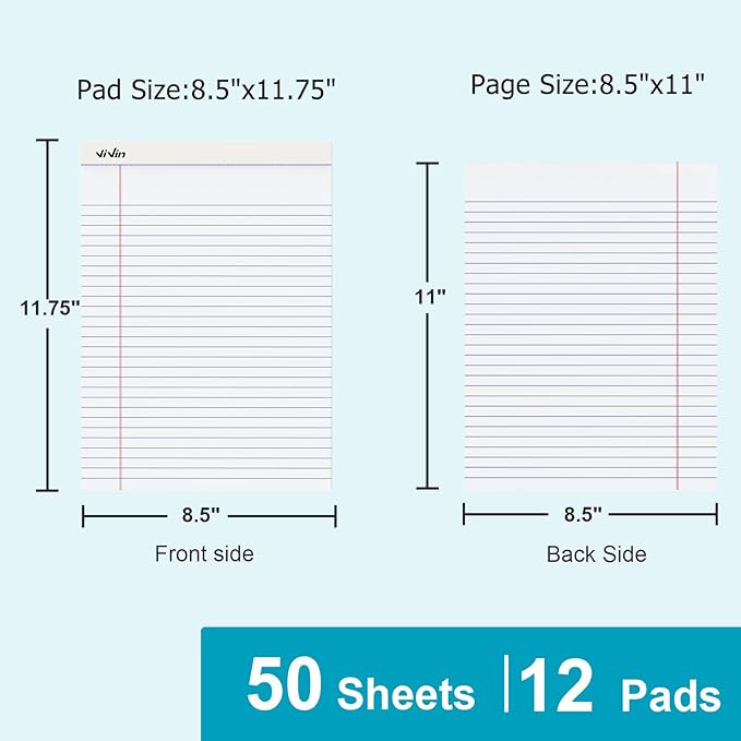 ViVin Legal Pads 8.5 x 11 Inch, Wide Ruled Note Pads, 12 Pack, 50 Sheet/Pad, Perforated Writing Pads, Notepads for Office Home School, 600 Sheets, White Paper