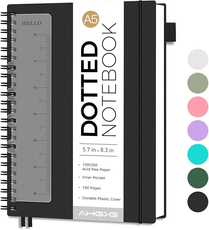 AHGXG Bullet Dotted Journal - Dot Grid Spiral Notebook A5, 160 Pages, 100 GSM Thick Paper, Waterproof Plastic Cover Journals for Bullet Journaling, Sketching, 5.7" x 8.3", Black