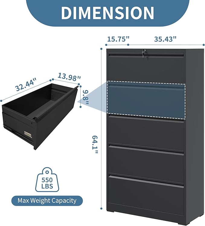 AQY 5 Drawer File Cabinet with Lock,Metal Lateral File Cabinets for Home Office,Steel Wide Filing Organization Storage Cabinets for Hanging Files Letter/Legal/F4/A4 Size,Assembly Required(Black)