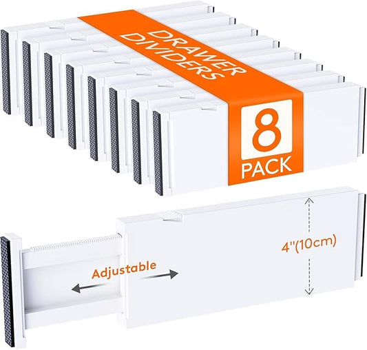 Lifewit 8 Pack Drawer Dividers 4" High,11-17" Adjustable Dresser Drawer Organizers for Clothes, Expandable Dresser Separators in Bedroom/Bathroom/Kitchen/Vanity/Office Organization and Storage, White