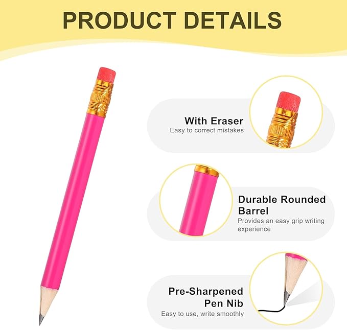 MECCANIXITY Golf Pencils with Erasers, 4" HB Mini Half Pencils Pre Sharpened Small Pens for Wedding Bridal Shower Game Office Writing Drawing(Rose Red, Pack of 50)
