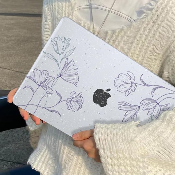 Case Compatible with MacBook Air 13.6 inch 2025 2024 2023 2022 M4 M3 M2 A3113 A2681 A3240 Cover with Touch ID, Pattern Plastic Hard Shell Case for MacBook Air 13 M4 2025, Purple Line Flower