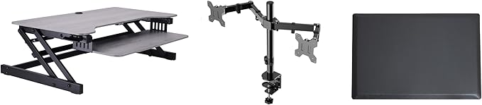 Rocelco 37.5" Height Adjustable Standing Desk Converter with Dual Monitor Mount and Anti Fatigue Mat -Slide Out Retractable Keyboard Tray -Sit Stand Tabletop Riser Workstation -Gray (R DADRG-DM2-MAF)