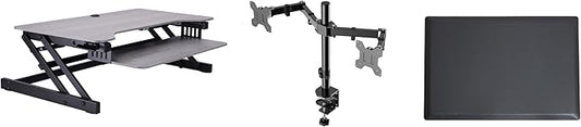 Rocelco 37.5" Height Adjustable Standing Desk Converter with Dual Monitor Mount and Anti Fatigue Mat -Slide Out Retractable Keyboard Tray -Sit Stand Tabletop Riser Workstation -Gray (R DADRG-DM2-MAF)