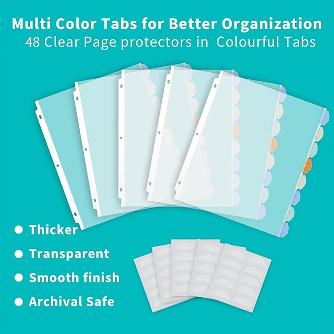 Binditek 48 Pack Heavyduty Clear Sheet Protectors with 8 Tabs, Sturdy Binder Sheet Protectors for 3 Ring Binder Letter Size, Multicolor Tabs, 8.5 x 11 Inches, Polypropylene, 6 Set, Label Sticker