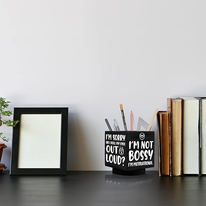 Outus Wooden Spinning Pen Holder for Desk I'll Remember It Later Pencil Holder Cute Organizer Funny Desk Decor Pencil Case Art Supply Storage Box for Home Office (Black)