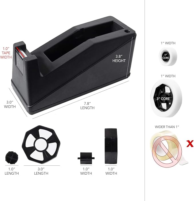 Royal Imports Desktop Tape Dispenser Adhesive Roll Holder (Fits 1" & 3" Core) Heavy Duty Premium for Office, Home, School, Library, Crafts, Moving, Giftwrapping with Weighted Nonskid Base, Black