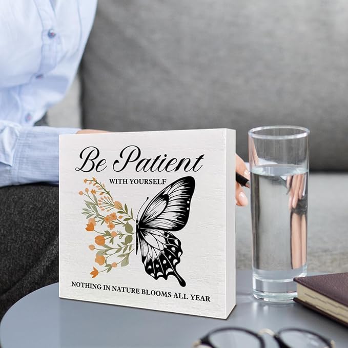 Therapy Office Desk Wooden Box Sign Decor, Mental Health Wood Box Sign Decorations for School Psychologist Therapy Office, Gifts for Therapist Psychologist School Counselor, Be Patient with Yourself