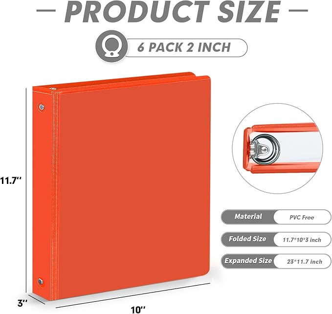 3 Ring Binder 2 Inch, PANDRI 6 Pack 2-Inch Binder Fits Letter Size 8.5'' x 11'' Paper, Versatile Binders for Office Home School, 2 Pockets, Assorted 6 Color