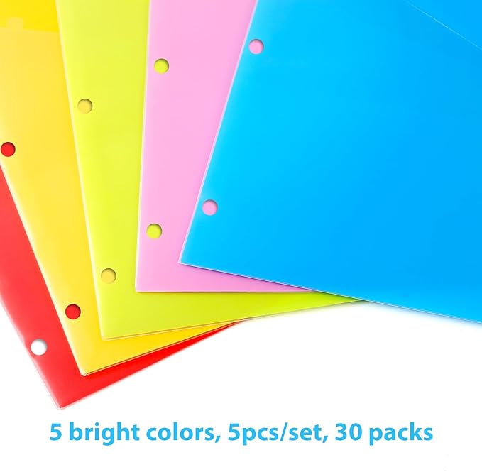 5 Tabs Plastic Dividers with 2 Clear Pockets - 6 Sets, Pocket Dividers for 3-Ring Binders, Multi-Color Binder Dividers, Total 30 Tabs