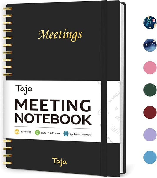 Meeting Notebook For Work Organization - Work Notebook With Action Items, Agenda Planner For Note Taking, 160Pages (6.9" X 9.9") Project Planner For Men & Women - Black