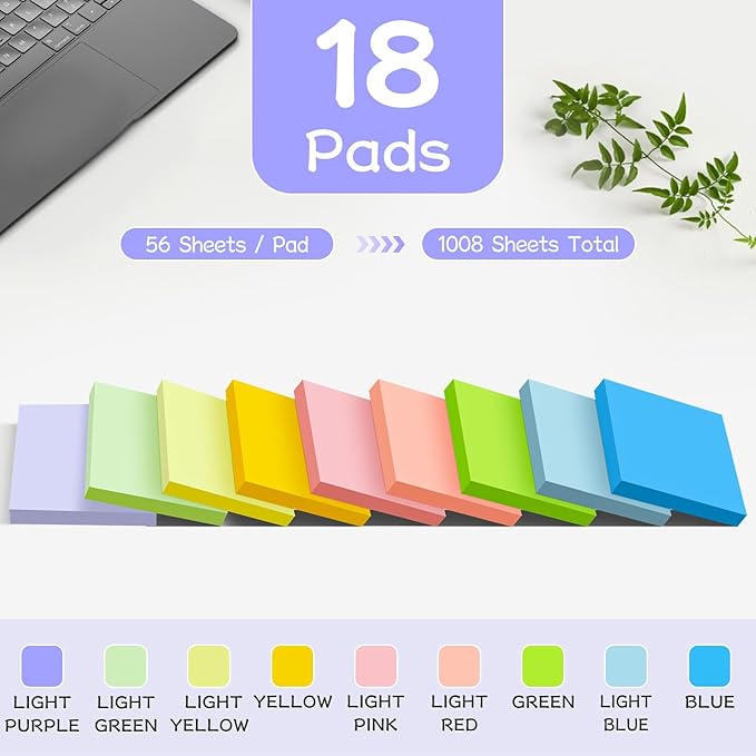(18 Pads) Sticky Notes 3x3 inch, Self-Stick Pads Pastel Colors Sticky Note, Recyclable, Easy to Post for Home, Office, Notebook