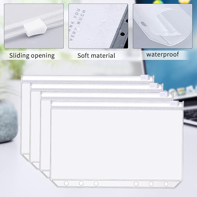 Binder Pockets, 20pcs A5 Size 6 Holes Binder Pockets, [Waterproof PVC Pouch] Premium Clear Binder Zipper Folders Document Filing Bags for 6-Ring Notebook Binder Loose Leaf Bags,-Clear