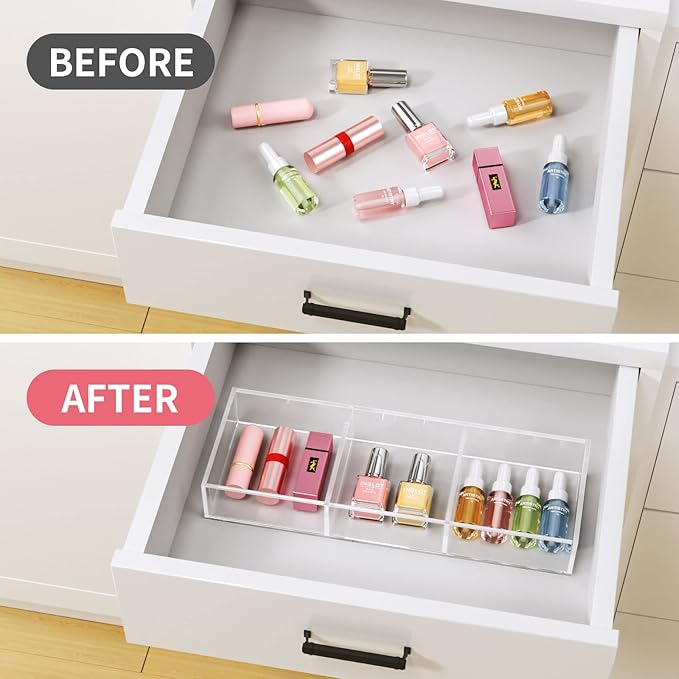 HIIMIEI 3 Section Clear Acrylic Drawer Organizer Tray, Office & Makeup Drawer Organizer (11.8x4.3 inch)