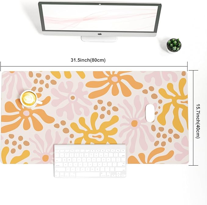 Colorful Star Large Mouse Pad, PU Leather Waterproof Desk Mat, Computer Gaming Mouse Pad, XXL Full Desk Mousepad Non Slip Desk Pad for School Office Home 31.5" x 15.7" - Wavy Flowers