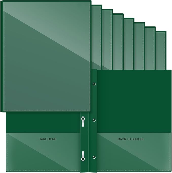 Henoyso 24 Pcs Plastic Folders with Clear Front Pocket and 3 Prong Take Home Plastic 2 Pocket Folder Back to School for Students Parent Teacher Communication for School Office (Dark Green)