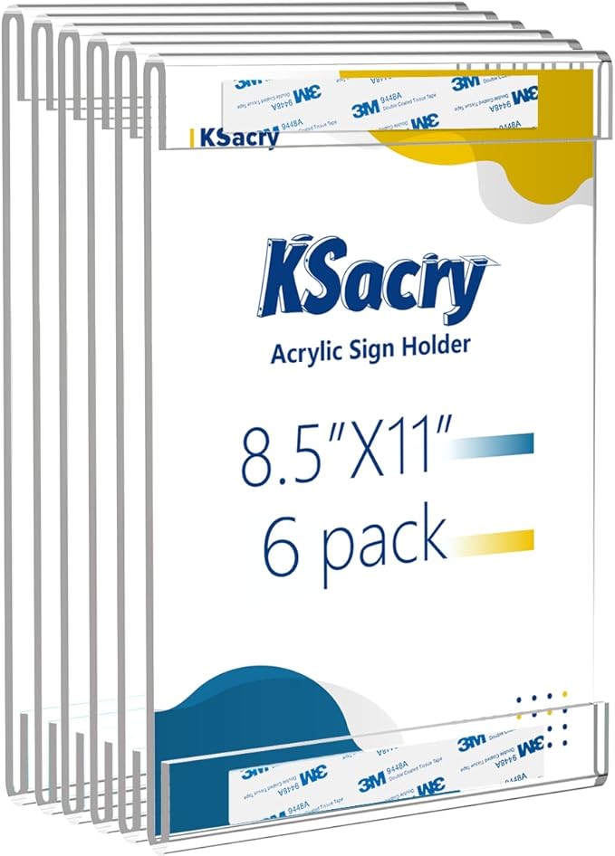6 Pcs Acrylic Sign Holder 8.5 x 11, Vertical Wall Mount Sign Holders with 3M Adhesive, Clear Plastic Frames Paper Display Sign Holders for Office, Home, Store, Restaurant - No Drilling