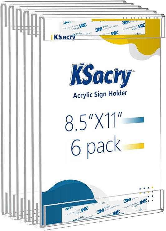 6 Pcs Acrylic Sign Holder 8.5 x 11, Vertical Wall Mount Sign Holders with 3M Adhesive, Clear Plastic Frames Paper Display Sign Holders for Office, Home, Store, Restaurant - No Drilling