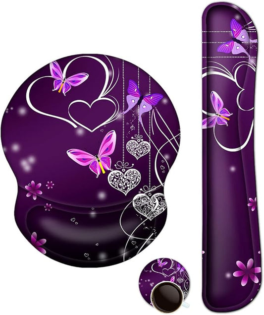 ArtSo Upgraded Wrist Rest Support for Mouse Pad & Keyboard, Ergonomic Gel Mousepad Non-Slip Rubber Base Home,Office Pain Relief, Easy Typing Cushion Neoprene, Soft Memory Foam, Purple Heart Butterfly
